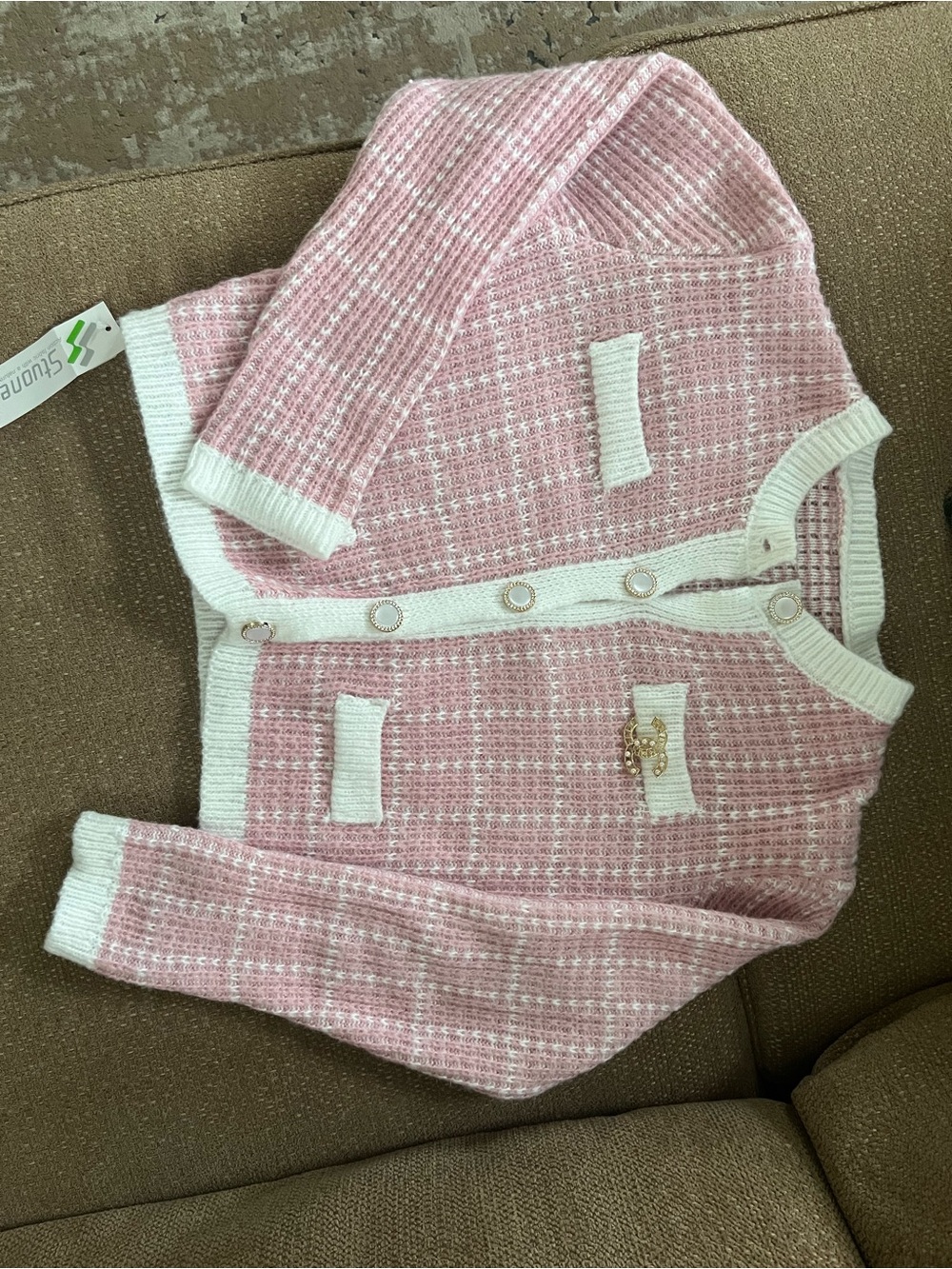 Pink Knit Cardigan with White Trim - Women Sweater